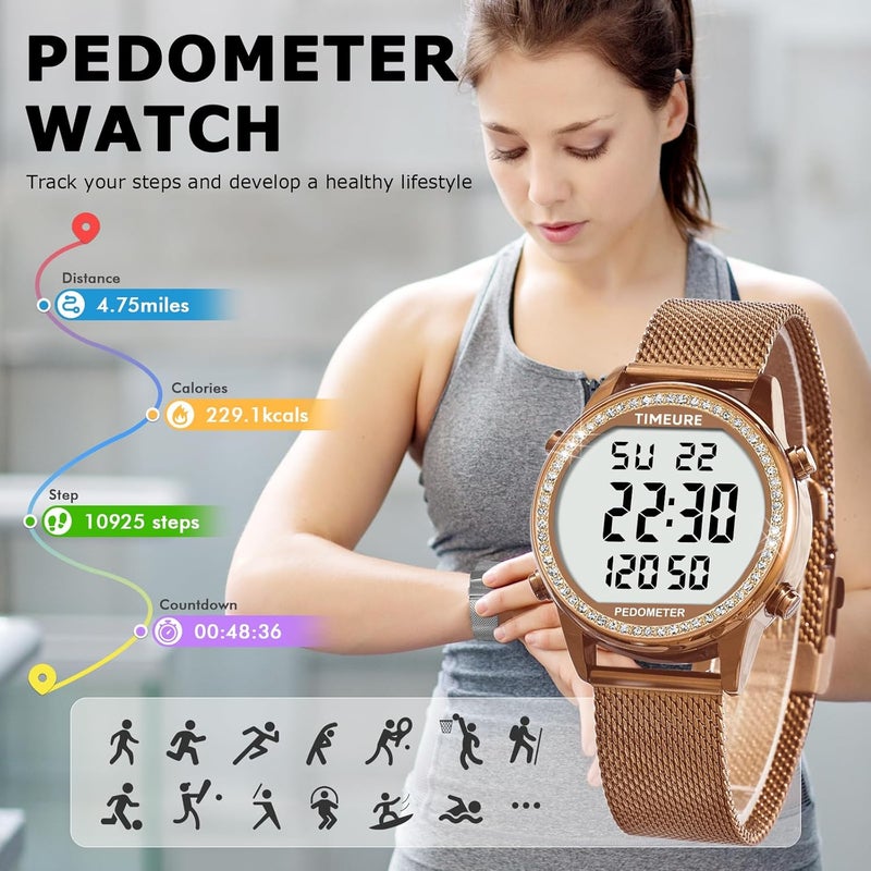 TIMEURE Women's Step Counter Pedometer Watch with Stainless Steel Bracelet, Stylish Design, No App, No Charging Needed for Step, Calorie, Distance, Alarm, Countdown Timer，TU-2401 - Image 1